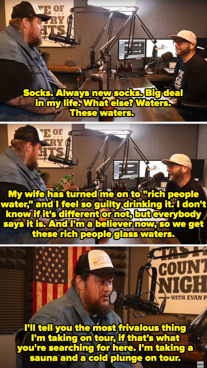 Jelly Roll says he has new socks and "rich people water" in glass bottles on his rider, and he's taking a sauna and cold plunge on tour