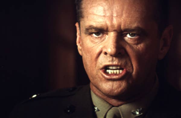 Jack Nicholson, wearing a military uniform, delivering an intense expression in a scene, likely from a movie