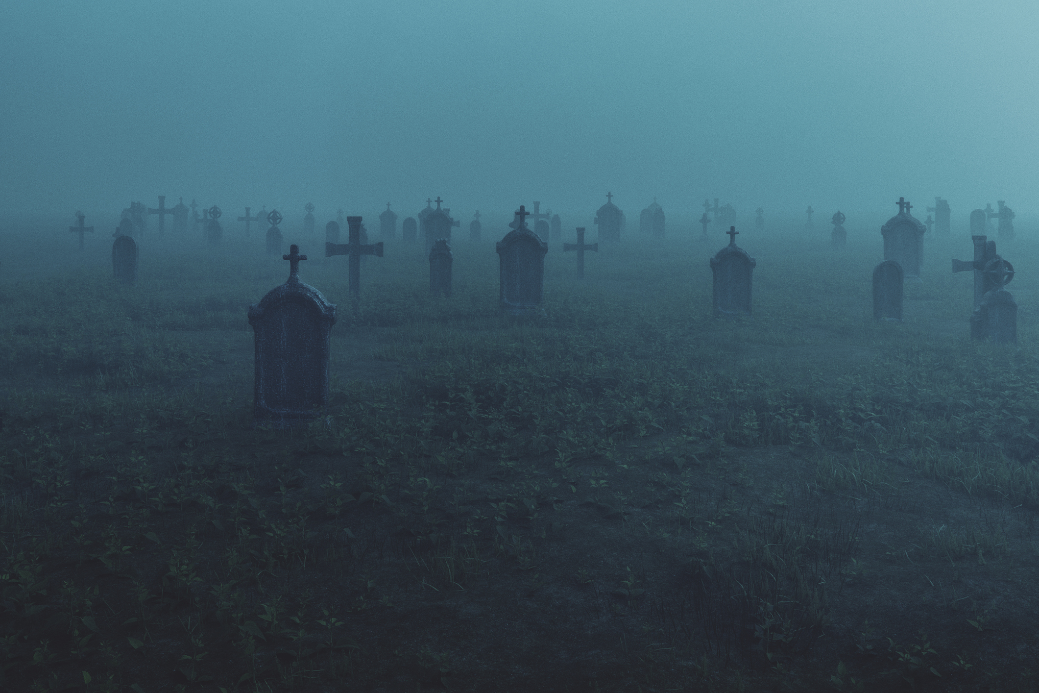 A misty cemetery with rows of gravestones and crosses visible, creating a haunting and eerie atmosphere