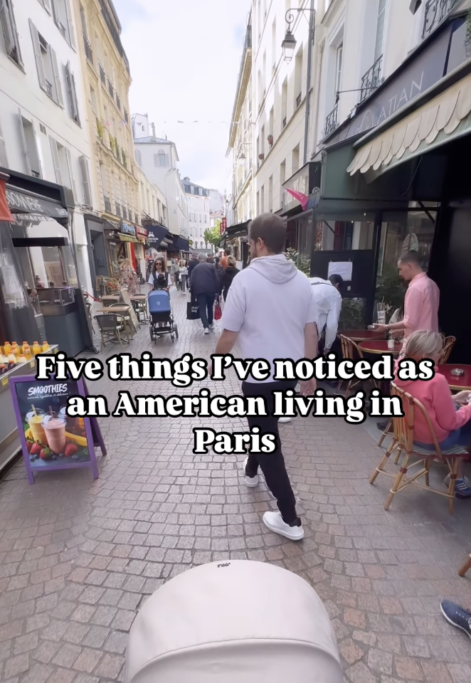 Man walking on a busy Paris street with text overlay that reads, “Five things I’ve noticed as an American living in Paris.”