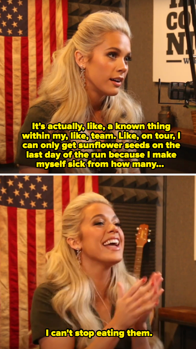 Megan Moroney discusses her habit of eating too many sunflower seeds during tours, saying she makes herself sick from overindulging