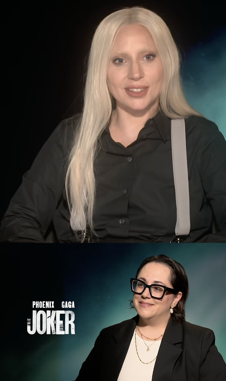 Lady Gaga and unknown person being interviewed for the movie "Joker" with Phoenix.
