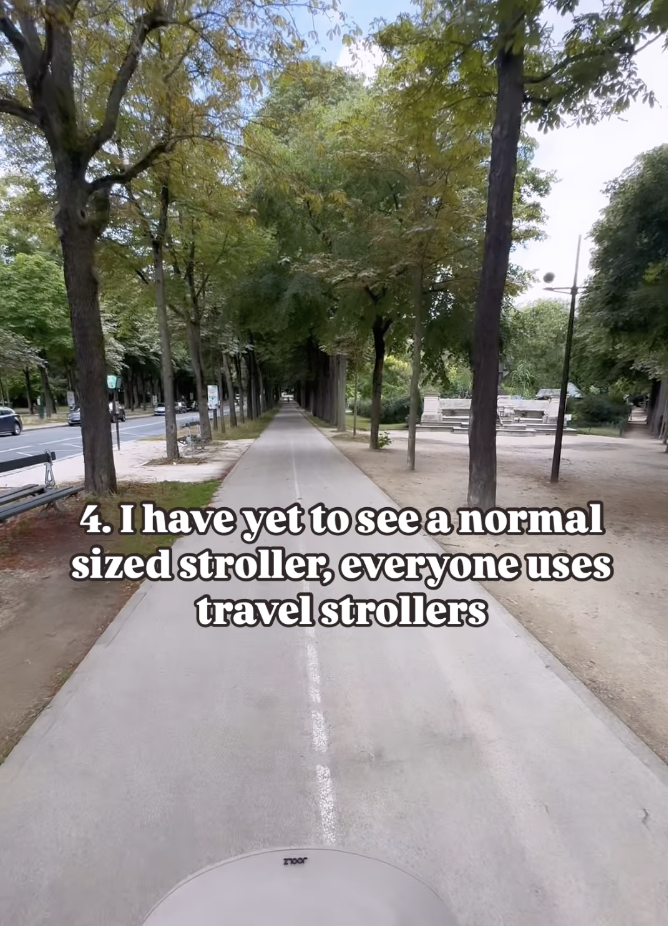 A tree-lined street with a message in the foreground: "4. I have yet to see a normal sized stroller, everyone uses travel strollers."