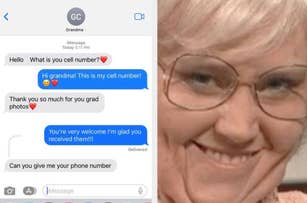 Text message conversation where a grandmother mistakenly asks for her grandchild's cell number, despite already texting it. An amused grandma's photo is next to the texts