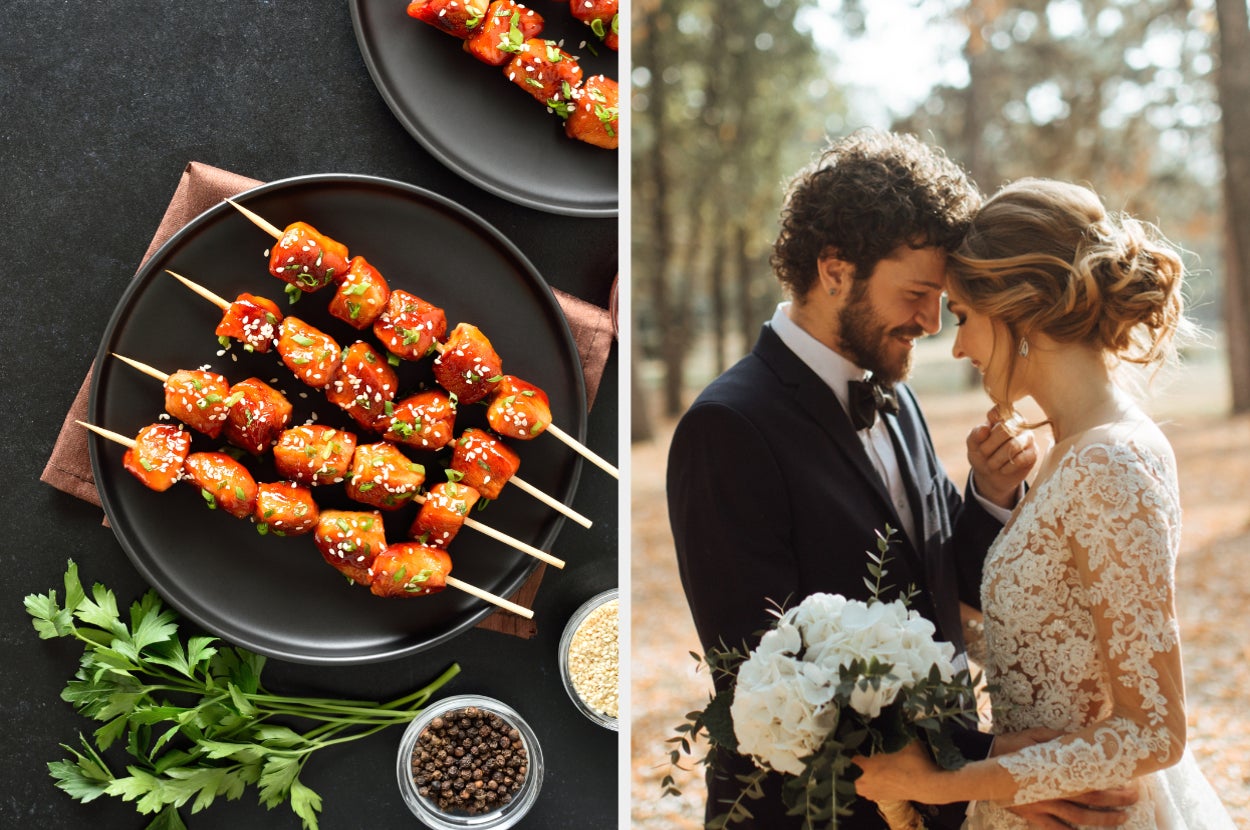 Left side: Plate with skewered grilled meat topped with sesame seeds and vegetables. Right side: Bride and groom in outdoor setting, bride holding bouquet, heads touching