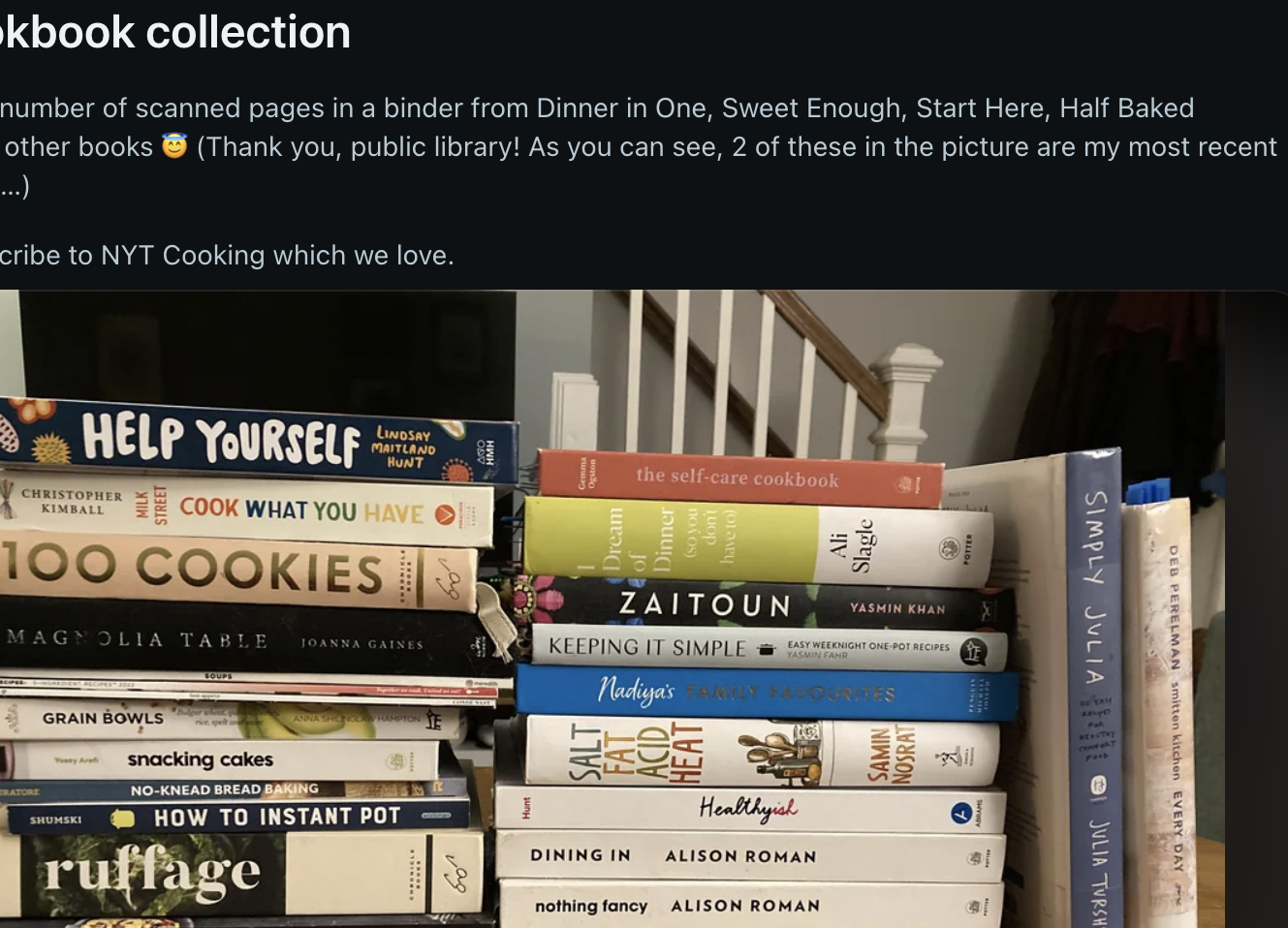 A Reddit post by u/CookbookLovers shows a collection of cookbooks on a bookshelf. The post mentions scanning pages and lists titles like "Half Baked Harvest."