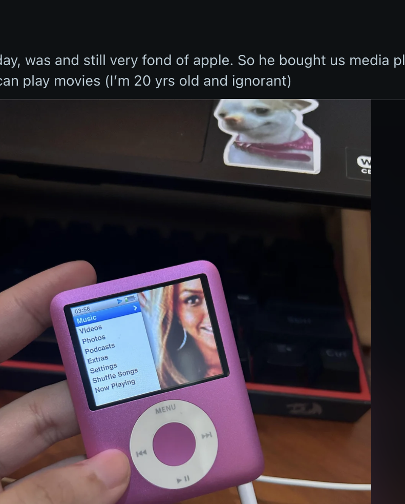 Reddit post by user jezewl showing a pink iPod with a photo. The post's title reads, "I found my ipod!"