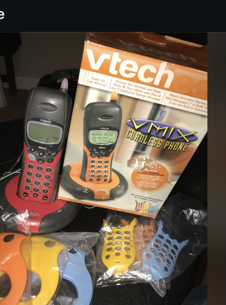 Reddit post image shows a nostalgic box of Vtech cordless phones. The post is titled "Vtech Cordless Phone" by u/notsalgia