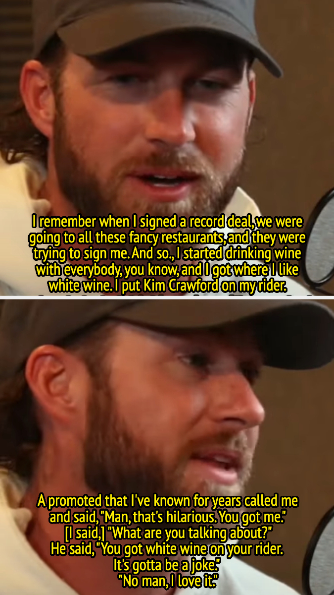 Close-up of Riley Green discussing putting white wine on his rider in an interview. The text details his story about adding Kim Crawford wine to his rider, surprising a promoter