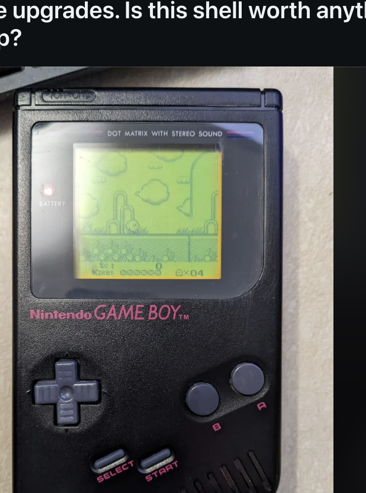 Reddit post showing a Nintendo Game Boy with a comment wondering if it is safe to cut it up for upgrades. Various Reddit UI elements are also visible