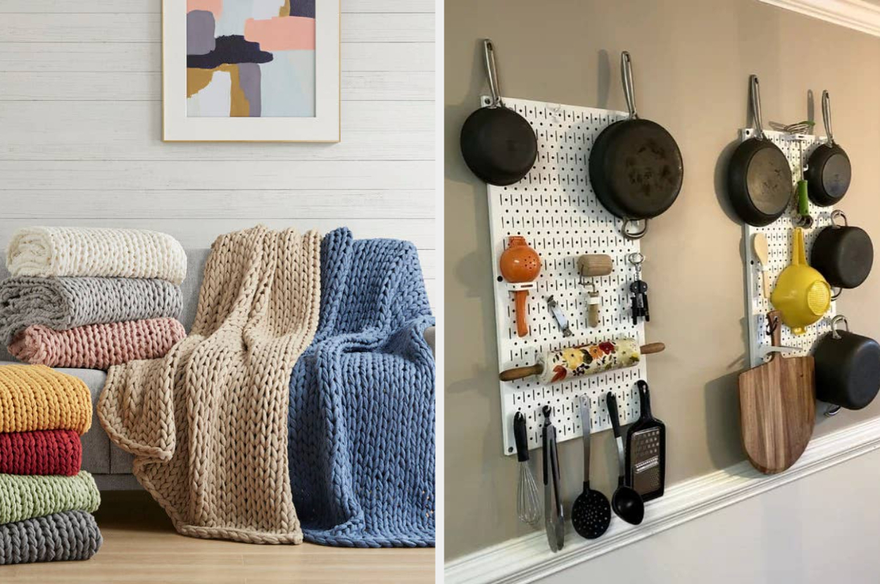 Left: A variety of chunky knit blankets folded and piled on a bench. Right: A kitchen wall with multiple pots, pans, and utensils neatly organized on a pegboard
