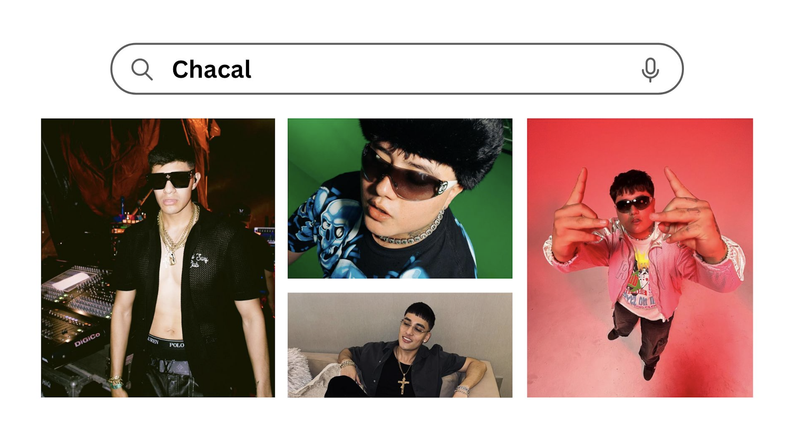 Montaje de cuatro fotos del cantante Chacal: en un estudio de grabación, posando con gafas de sol, recostado en un sofá y haciendo un gesto con las manos