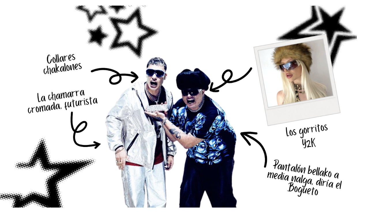 Dos personas con una cazadora cromada futurista y collares chakalones. Otra persona con gafas de sol y un gorro peludo estilo Y2K. Texto humorístico sobre ropa