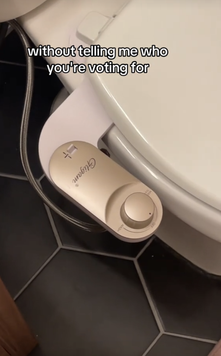 A bathroom bidet attachment is installed on a toilet, with text above reading, "without telling me who you're voting for."