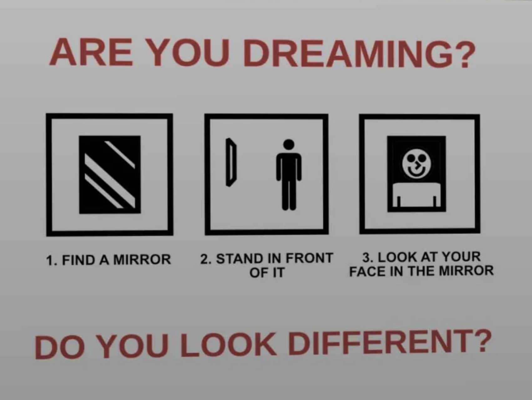 Image showing three steps to determine if you're dreaming: 1. Find a mirror, 2. Stand in front of it, 3. Look at your face in the mirror. Text: "ARE YOU DREAMING? DO YOU LOOK DIFFERENT?"