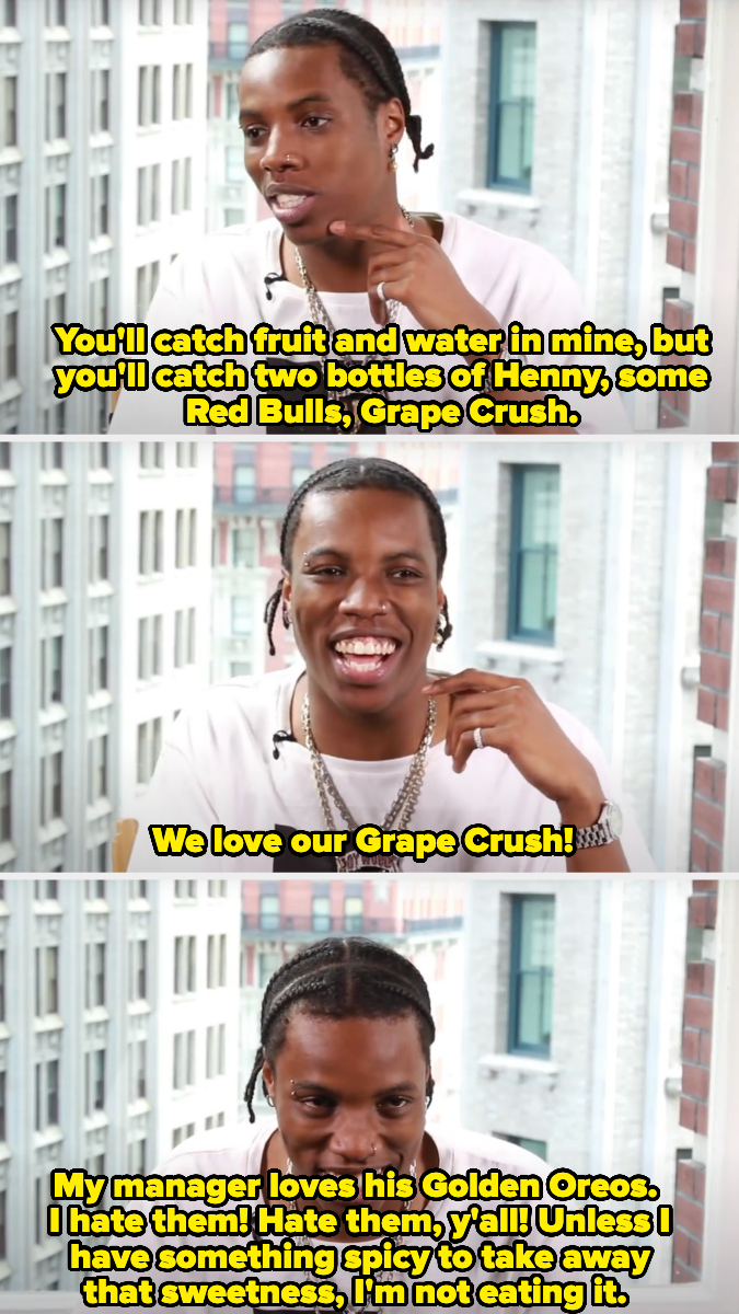 Roy Woods says his rider includes fruit, water, two bottles of Henny, Red Bull, and Grape Crush, and his manager adds Golden Oreos, which he hates