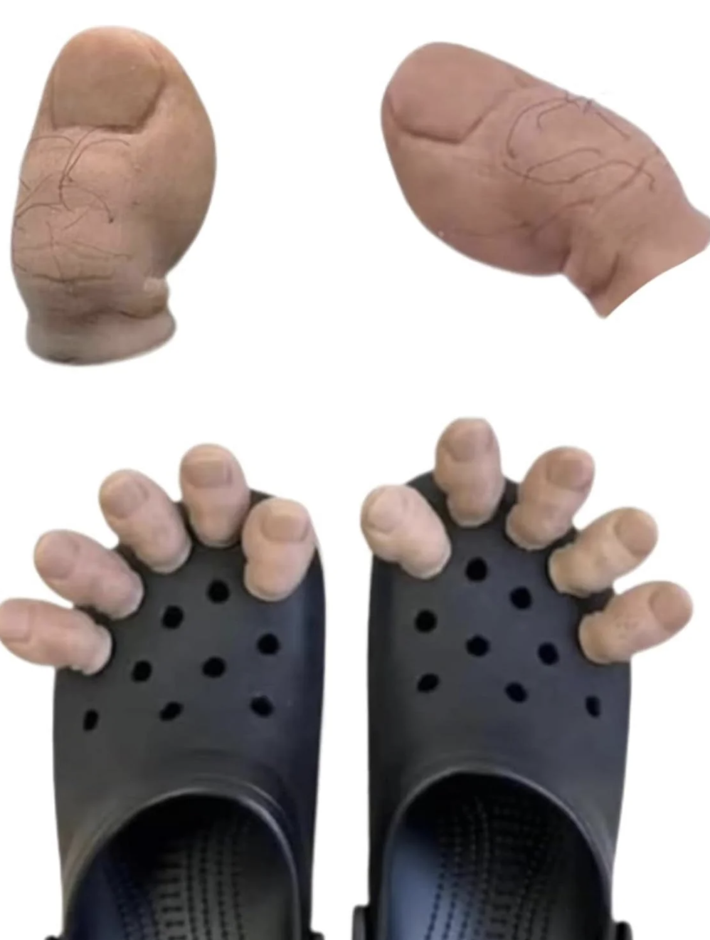 Novelty footwear shaped like realistic human feet and toes, with exaggerated toe designs. No text