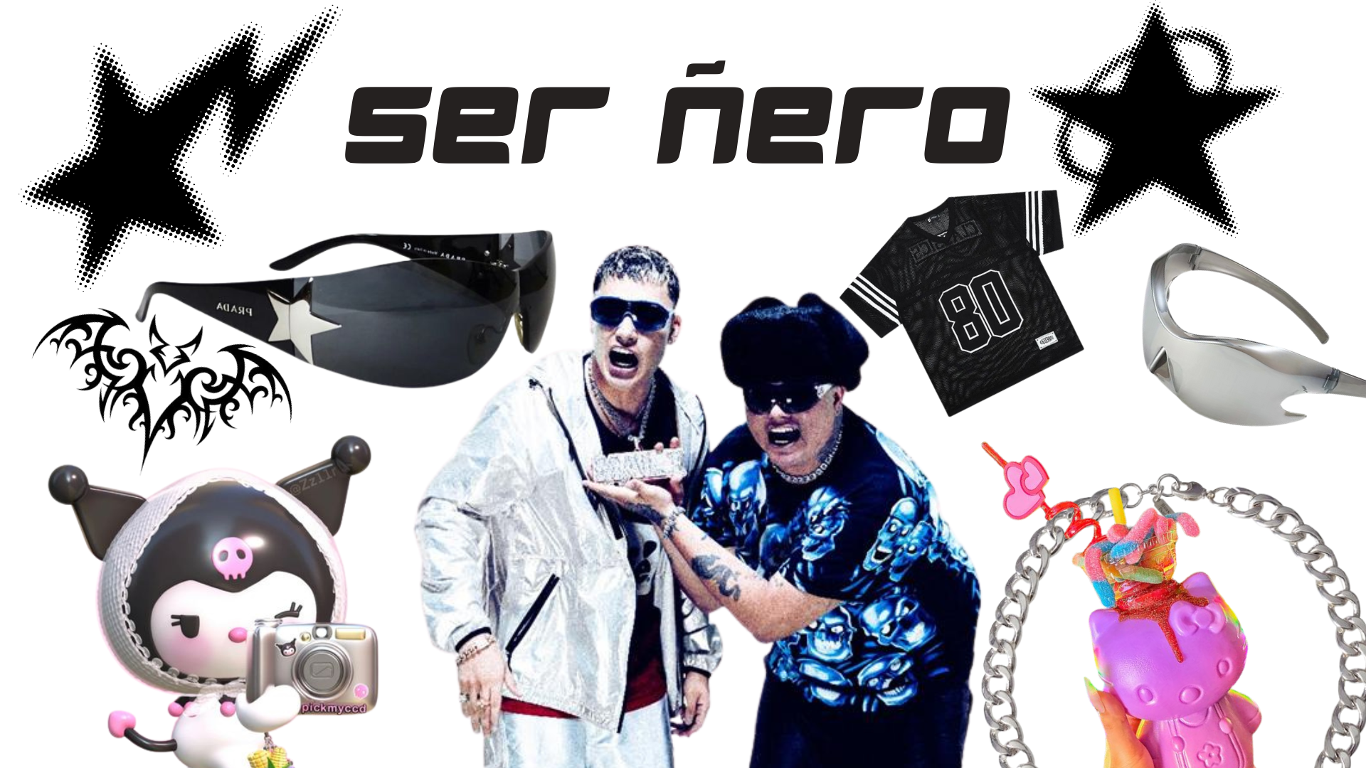 Imagen con la frase "ser ñero" en letra llamativa. Objetos variados incluyendo gafas de sol, una camiseta con el número 80, accesorios y muñecos decorativos