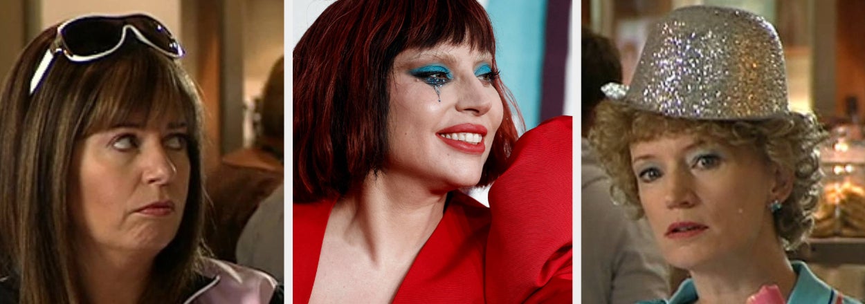 Catherine O'Hara on the left as Moira Rose in Schitt's Creek, Lady Gaga in the center wearing a striking red outfit, Annie Murphy on the right as Alexis Rose in Schitt's Creek