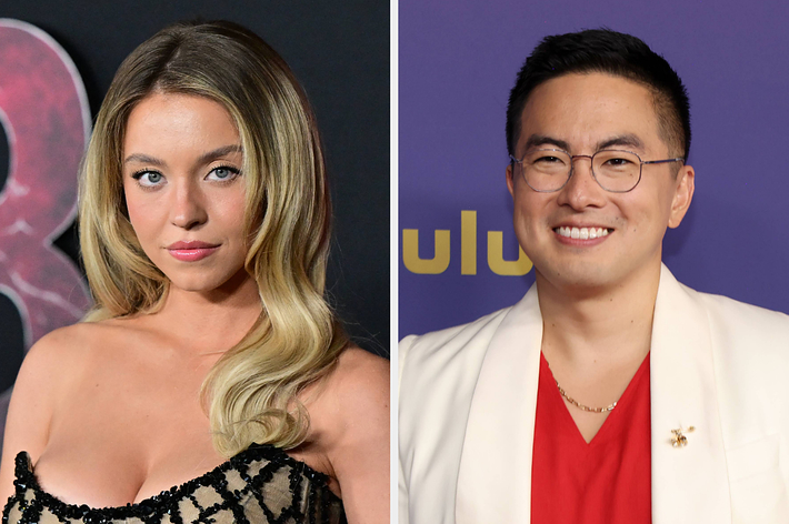 Sydney Sweeney in an elegant strapless dress next to Bowen Yang in a white blazer and red shirt