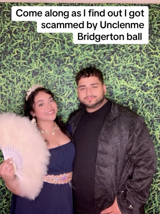 Two people stand in front of a green, leafy backdrop. Text reads, "Come along as I find out I got scammed at the Uncleme Bridgerton ball"