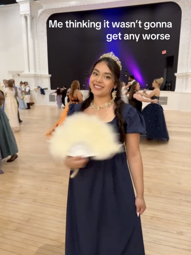 Kimberly in formal gown holds a fan and smiles at the camera at the event. Text reads, "Me thinking it wasn't gonna get any worse"