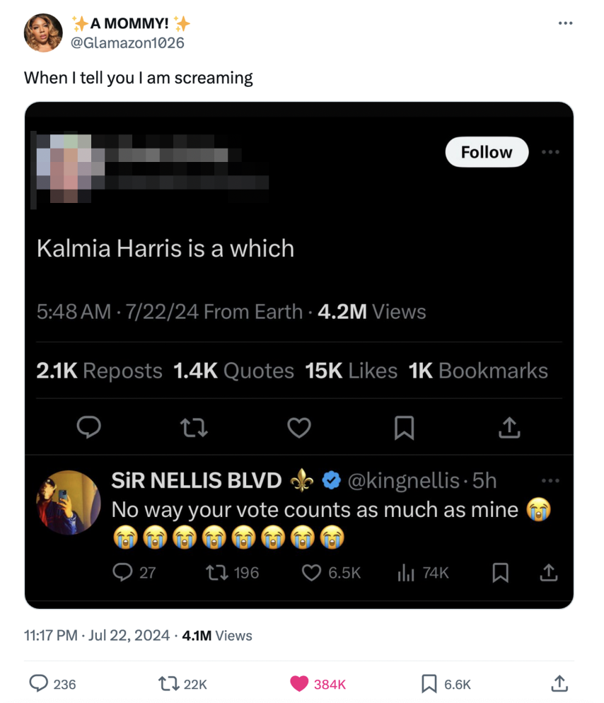 Tweet from @Glamazon1026 with 4.2M views, sharing a tweet from Kalmia Harris that says "Kalmia Harris is a which." Sir Nellis Blvd replies, "No way your vote counts as much as mine," with laughing emojis