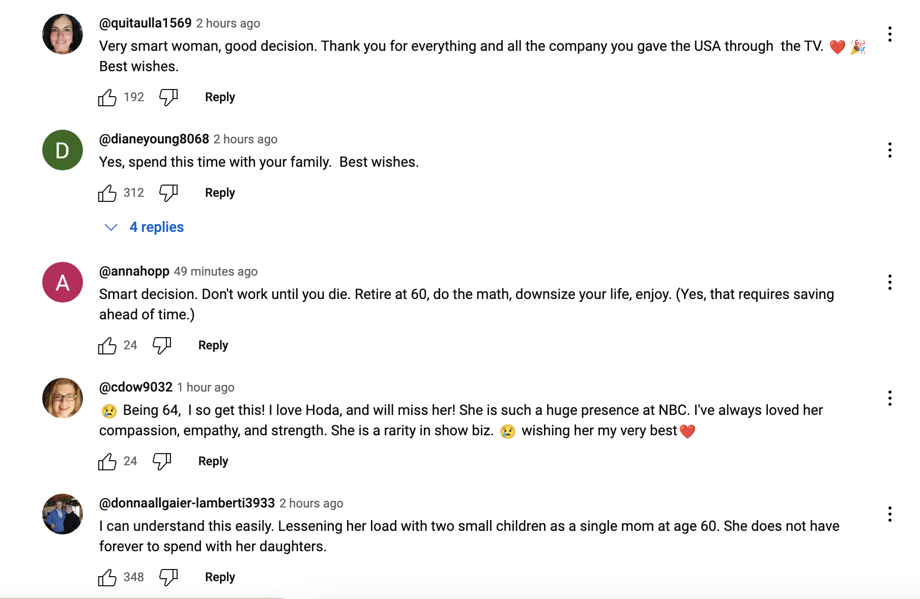 Viewer comments praising and supporting Hoda for lowering her workload at 60, mentioning her impact and expressing best wishes