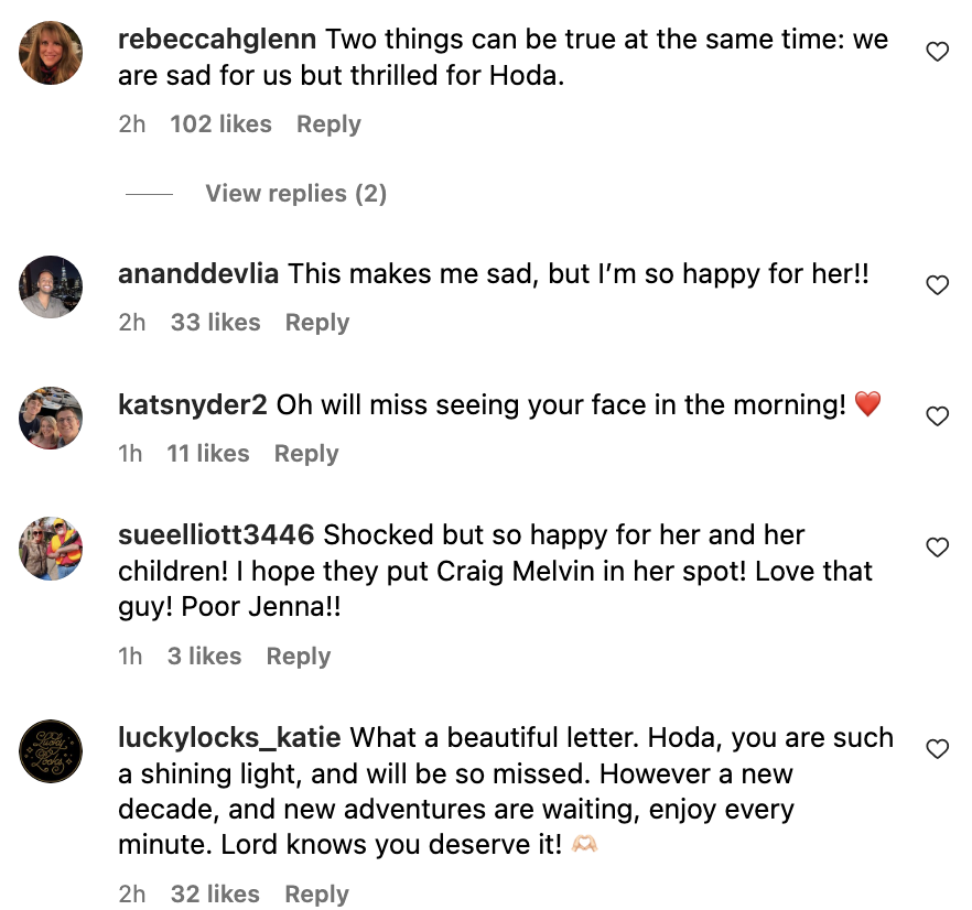 Social media comments express sadness for Hoda Kotb's departure and well wishes for her future. Users mention missing her face in the mornings and hope for new adventures