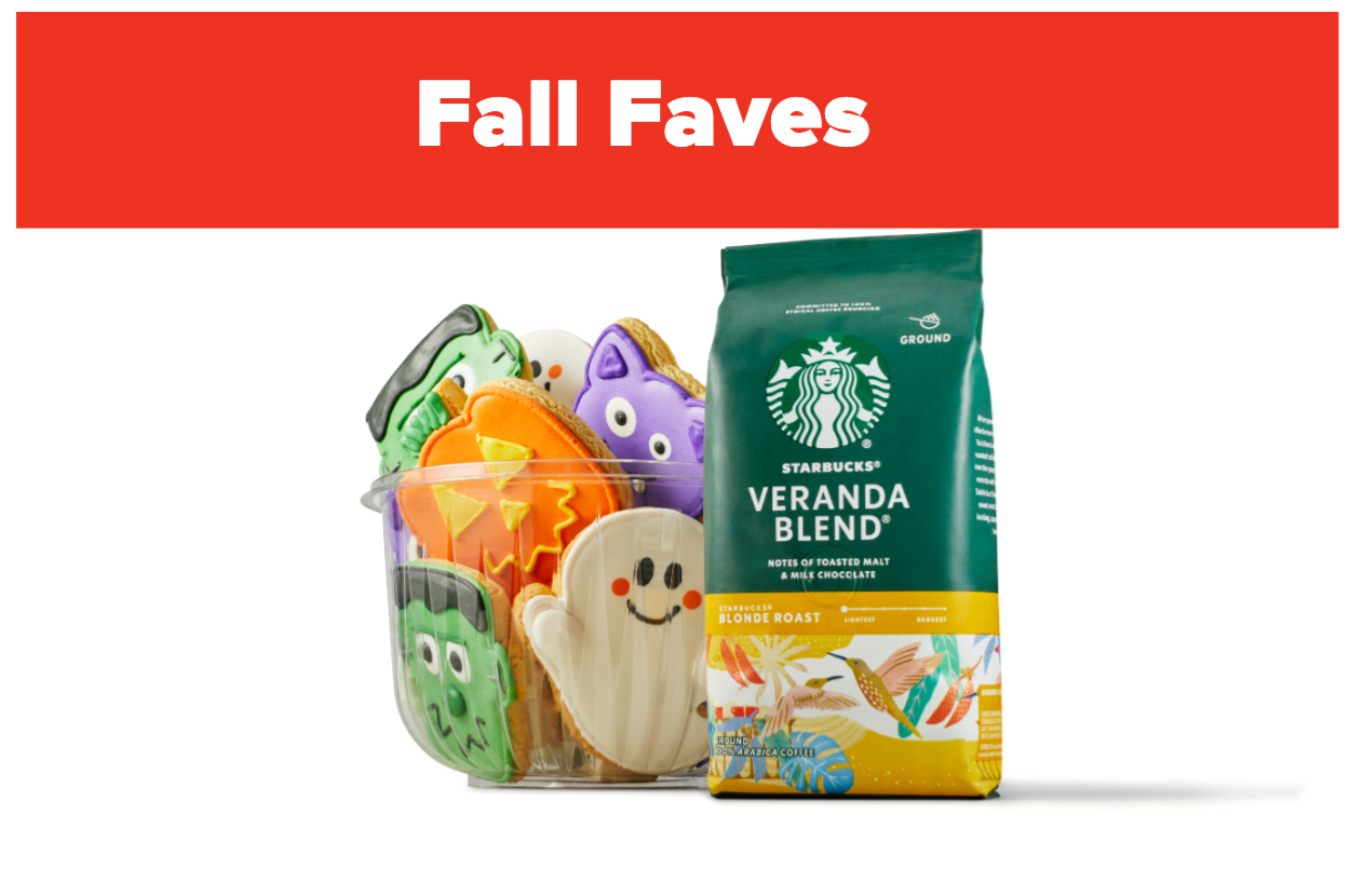 A container of Halloween-themed cookies and a bag of Starbucks Veranda Blend coffee under a "Fall Faves" banner