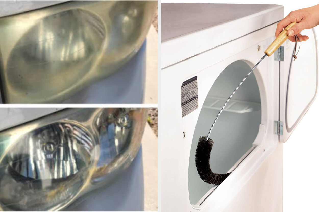 Before and after comparison of car headlights showing cleaned results; a flexible brush being used to clean inside a dryer vent