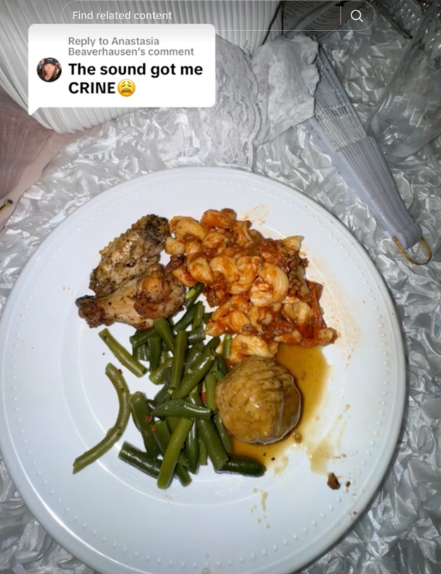 A plate of food with green beans, roasted chicken, a pasta dish, and a single meatball. Text overlay says: "Reply to Anastasia Beaverhausen's comment. The sound got me CRINE ?"