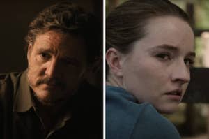 Pedro Pascal and Bella Ramsey in a scene from a TV show, both looking serious