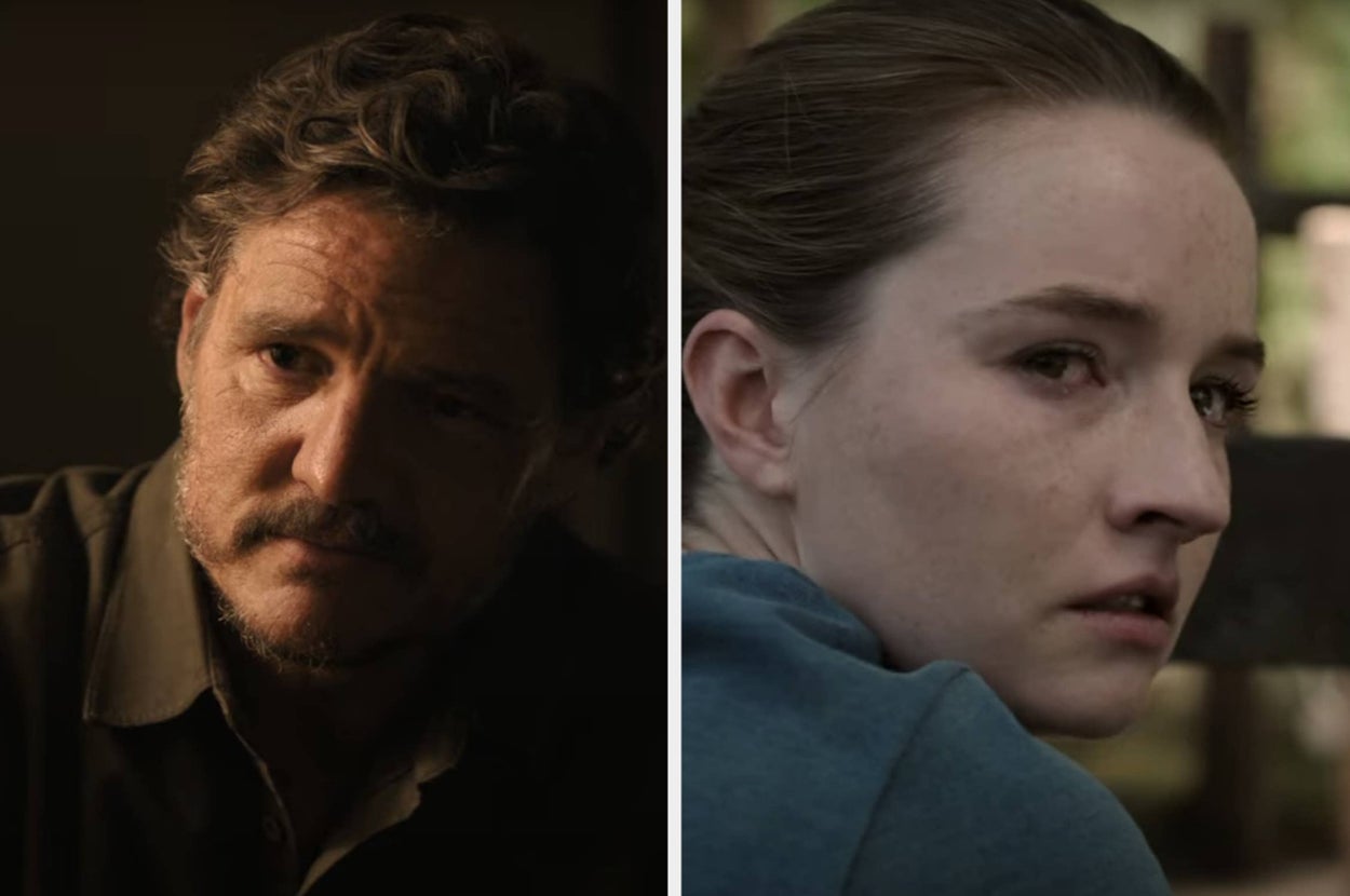 Pedro Pascal and Bella Ramsey in a scene from a TV show, both looking serious