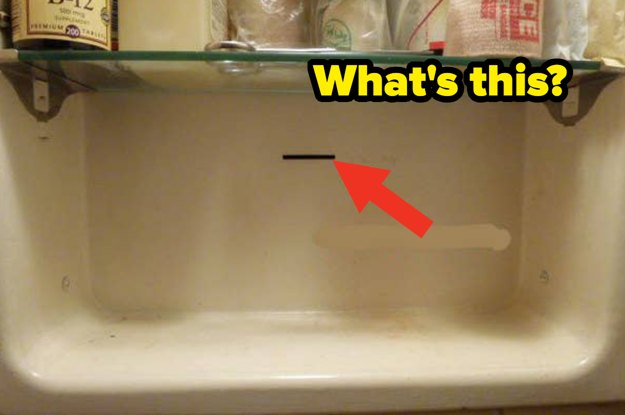 Image of an empty refrigerator compartment with a red arrow pointing to a black line and a text overlay that says "What's this?"
