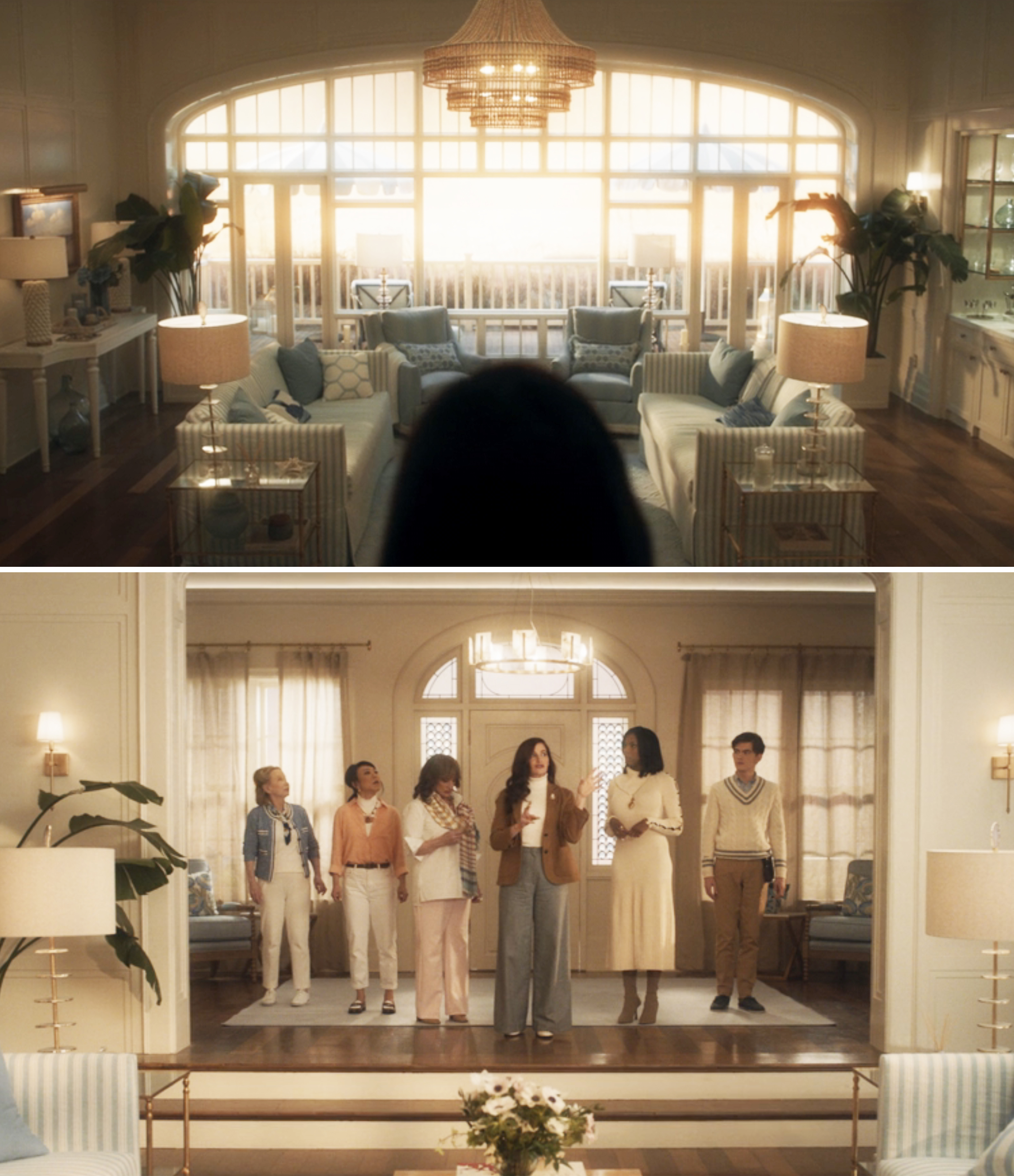 The cast of Agatha All Along standing on the steps looking out at a gorgeously decorated house