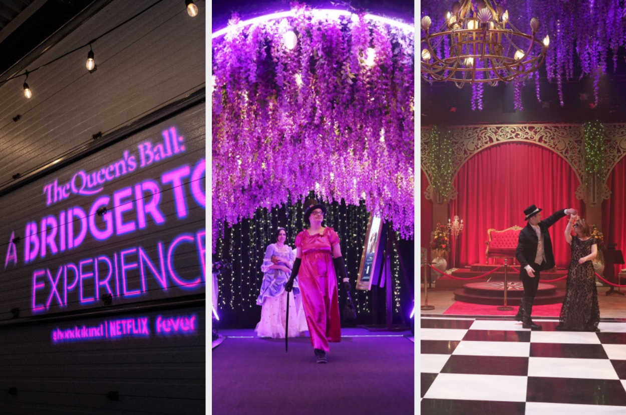 Left: "The Queen's Ball: A Bridgerton Experience" neon sign.
Middle: Two people in Bridgerton-style costumes under floral arch.
Right: Two people on checkered floor in Bridgerton-style