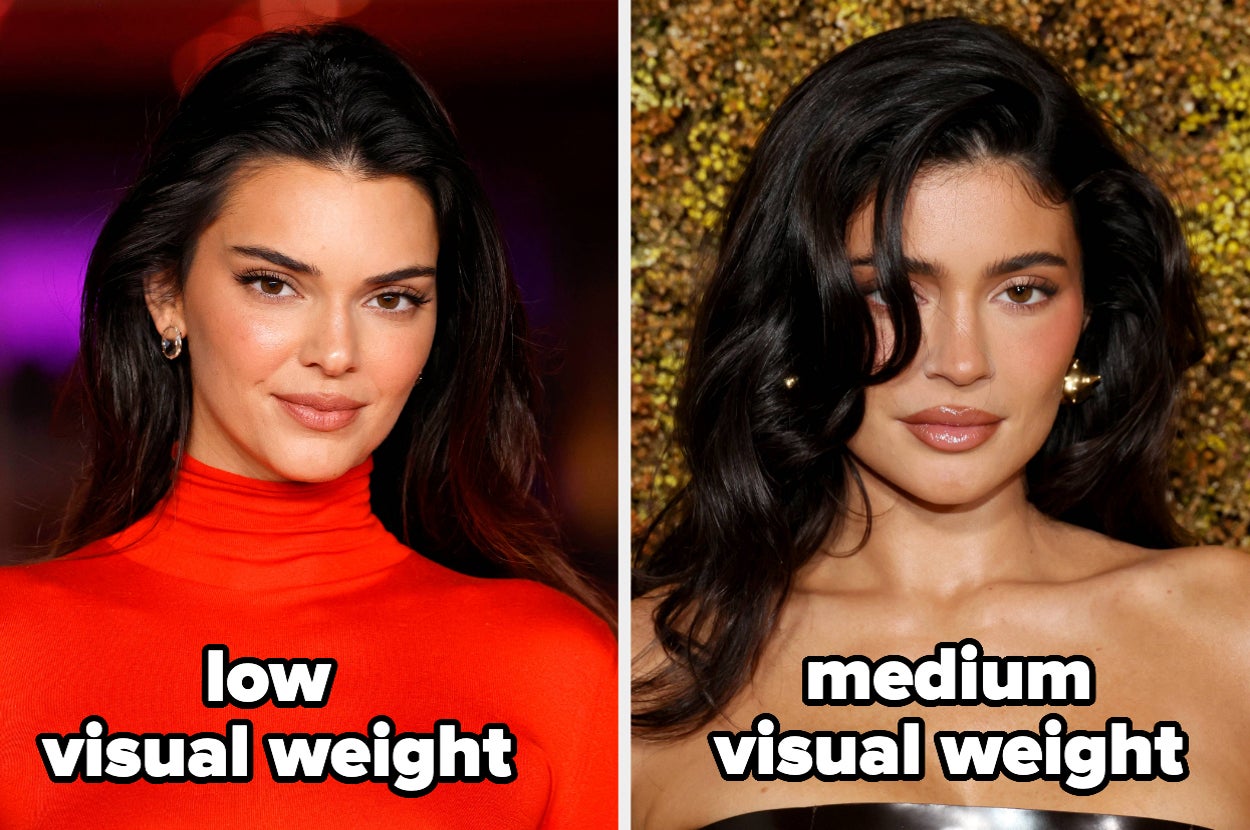 Side-by-side photos of Kendall Jenner and Kylie Jenner, highlighting their makeup styles: Kendall with "low visual weight" and Kylie with "medium visual weight"