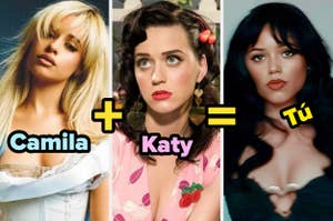 Camila Cabello con ropa casual, Katy Perry con vestido vintage y Jessica Alba con top elegante, presentadas en una ecuación visual. Texto: "Camila + Katy = Tú"