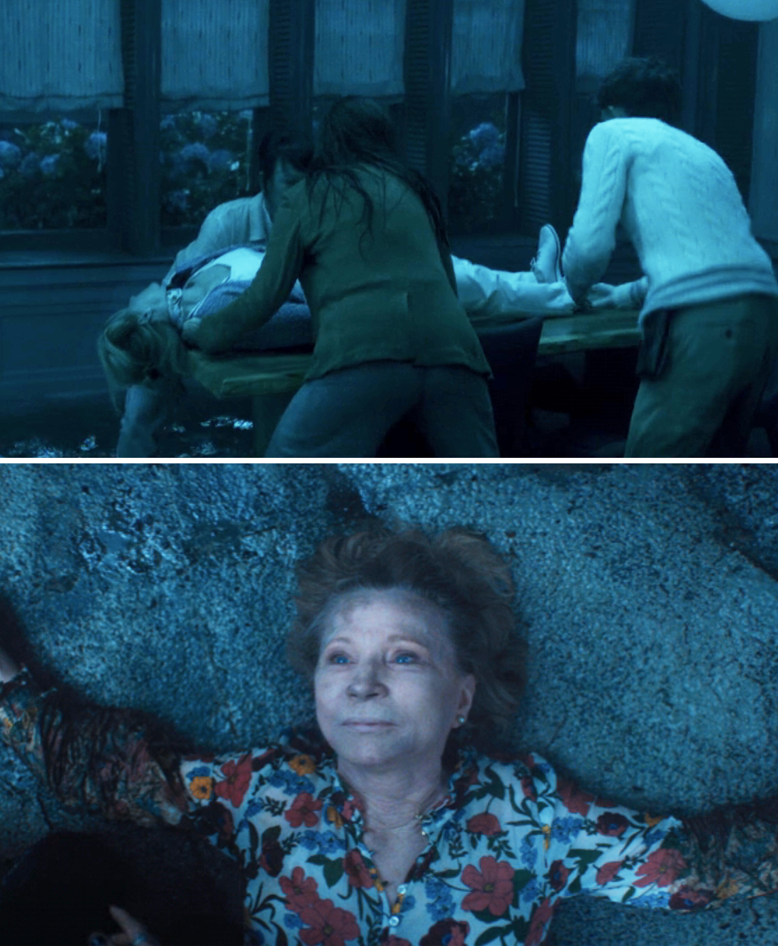 Two scene from Agatha All Along Episode 3. One showing Sharon lying on a table while the other shows Sharon, who is now dead on the ground