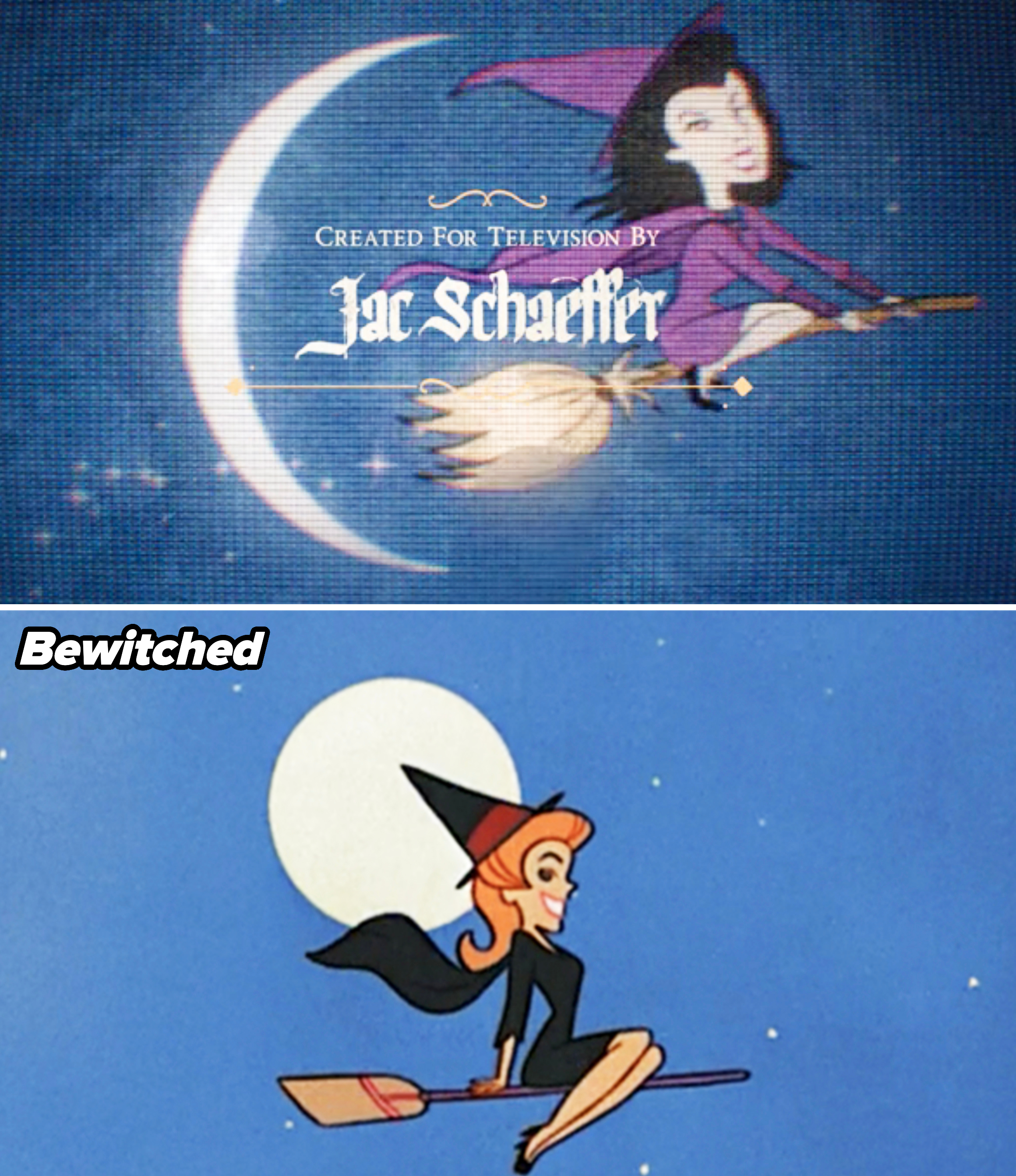 Top: Animated character Agatha Harkness flying on a broom over a crescent moon with text "Created For Television By Jac Schaeffer." Bottom: Samantha from "Bewitched" flying on a broom in front of a full moon