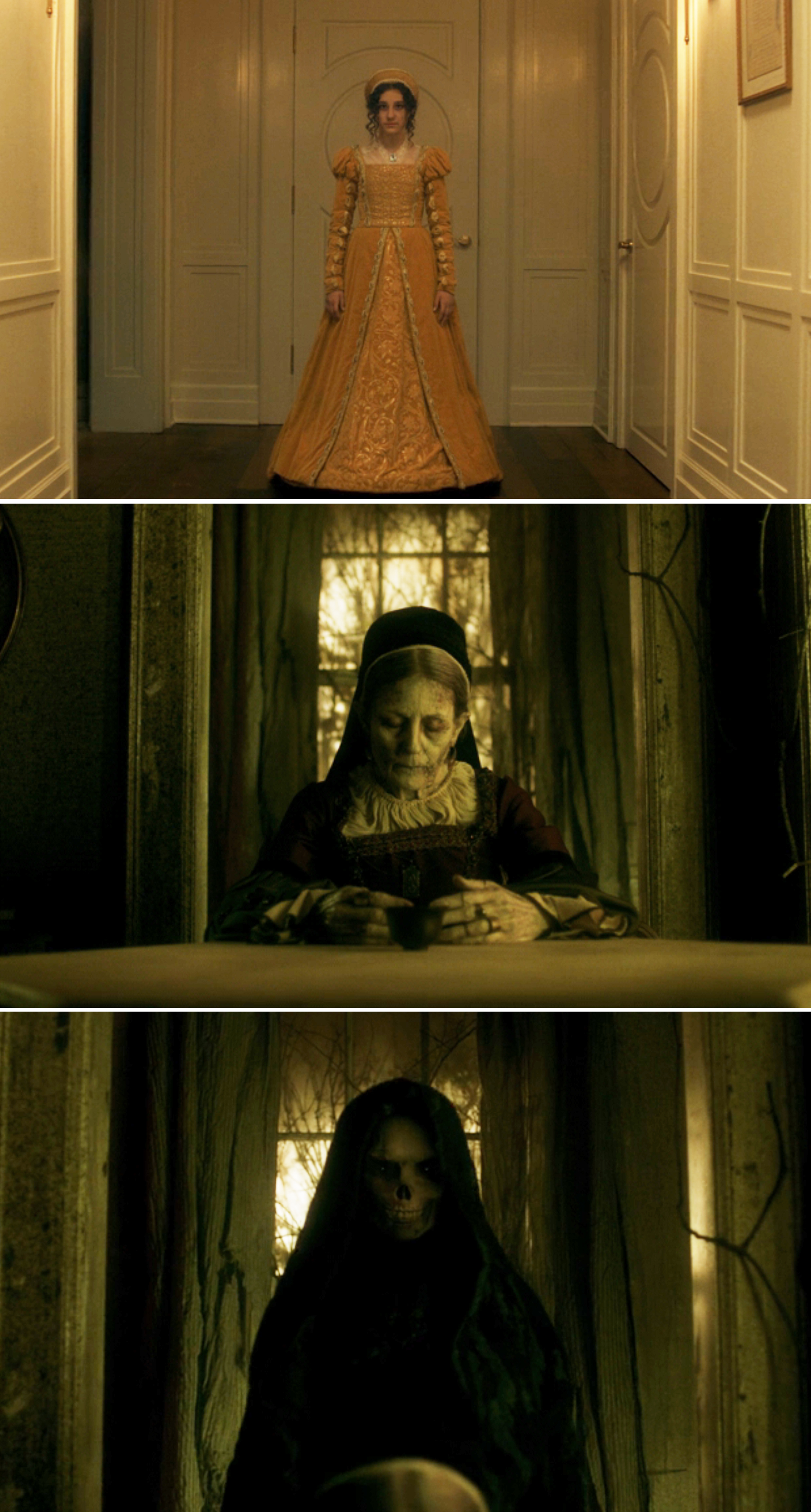 Three individual images that show a young woman in period attire, a very old woman, and then someone with a skull face