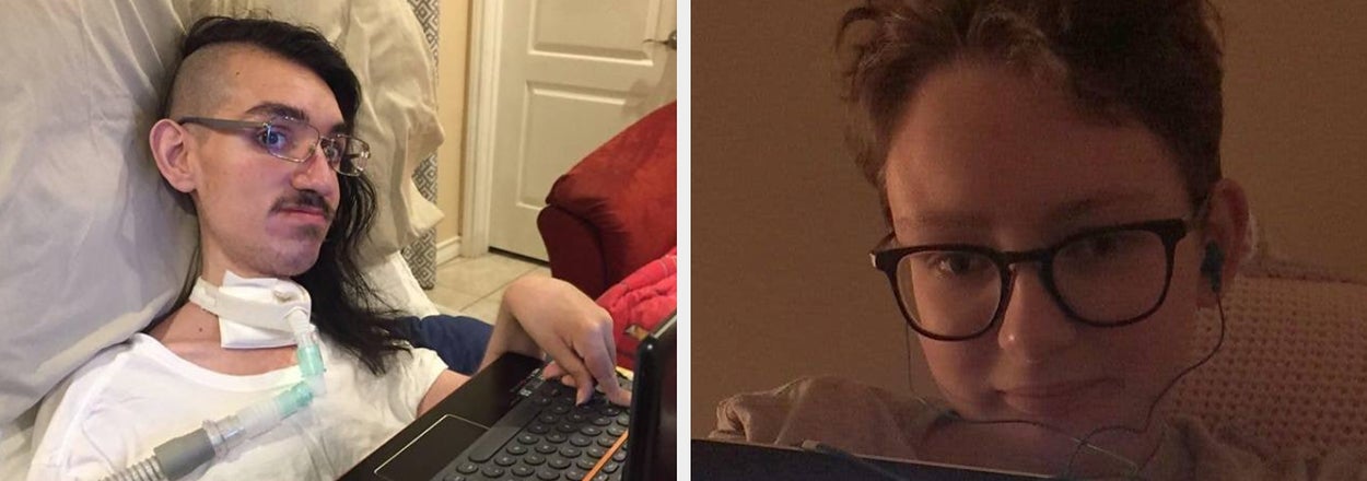 Two people are featured in this split image. On the left, a person with long hair and a tracheostomy tube works on a laptop. On the right, a person with glasses and earbuds smiles at the camera