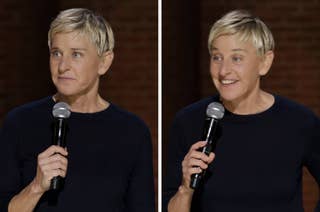 Ellen DeGeneres, in casual attire, holds a microphone while performing stand-up comedy