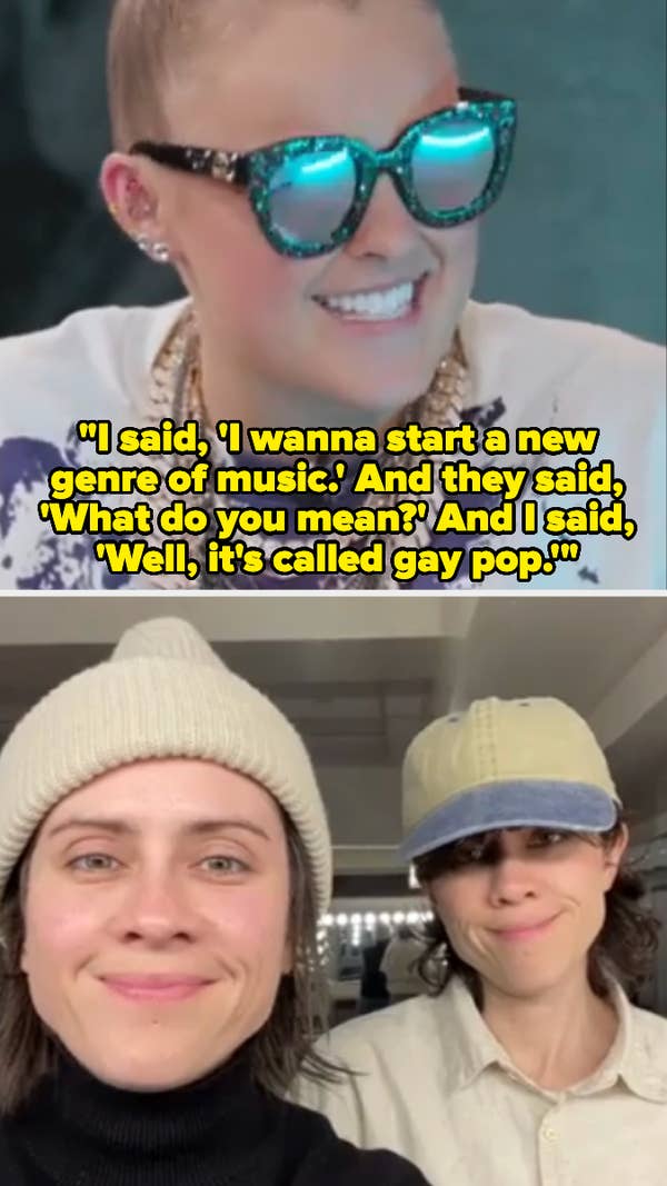 Top: JoJo Siwa smiles in large sunglasses with a quote about creating &quot;gay pop.&quot; Bottom: Tegan and Sara pose for a selfie, both wearing beanies
