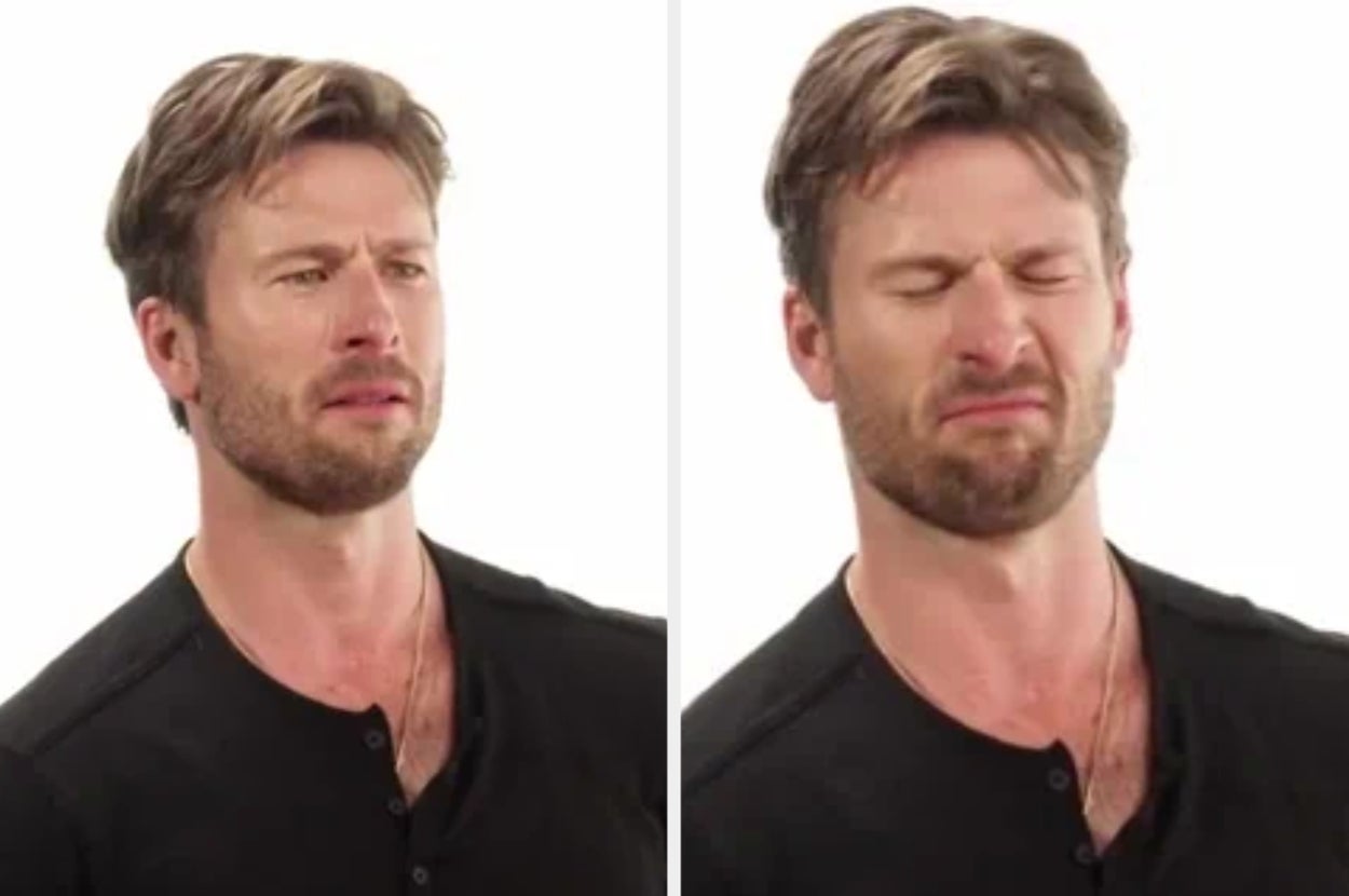 Man in black shirt making confused expression in left image and grimacing in right image