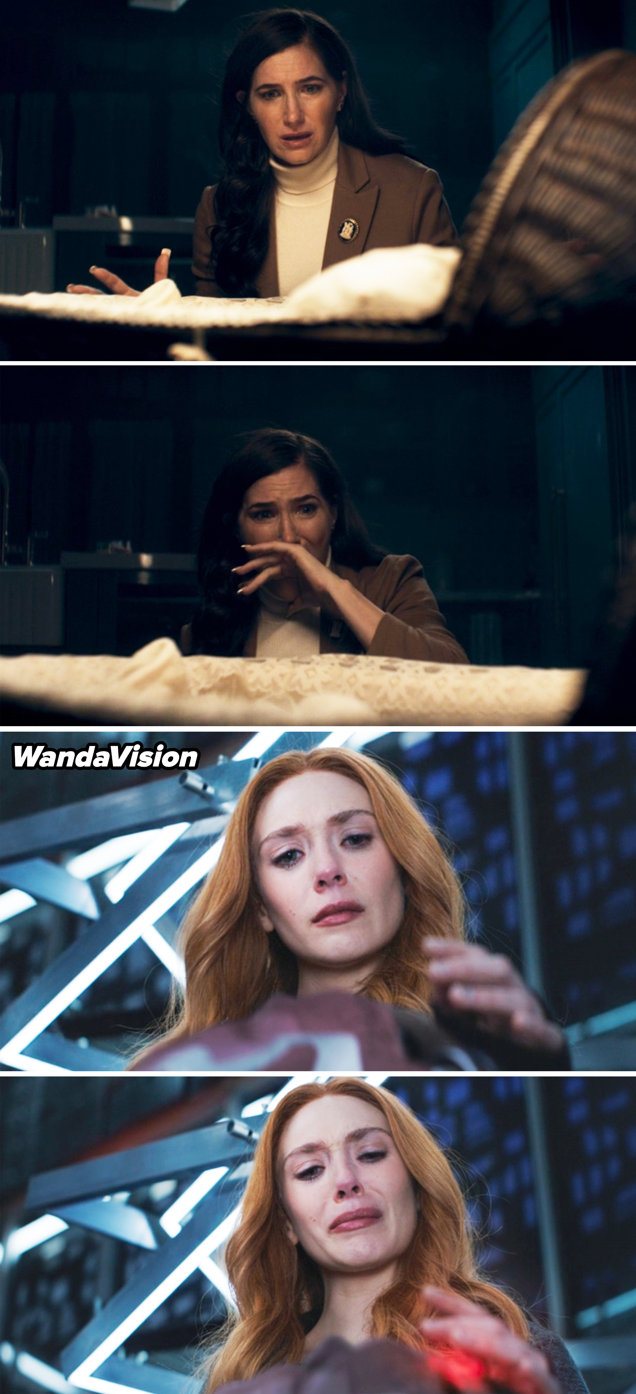 Scene from a TV show with Kathryn Hahn in a brown blazer in the top two panels and Elizabeth Olsen with wavy hair looking distressed in the bottom two panels