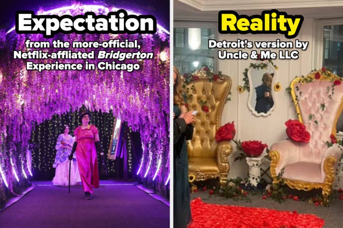 Two images: Left, two people in formal attire under a floral archway from a Netflix-affiliated Bridgerton Experience in Chicago. Right, a sparsely-decorated room with decorated chairs and roses, with a person looking in a mirror