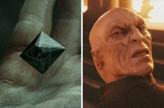 A hand holds a shiny, black pyramid-shaped artifact (left), and a bald, scarred character from 