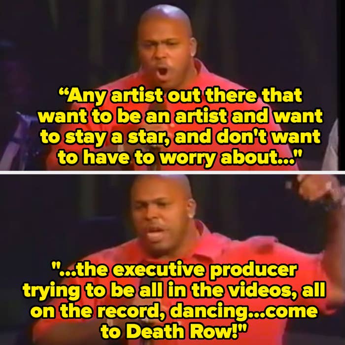 A man passionately speaks into a microphone, referencing, &quot;Any artist out there… come to Death Row!&quot; The text above and below him emphasizes his message